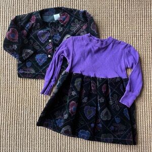 Vintage Purple and Black Floral Velvet Kids Dress and Cardigan Set 2T
